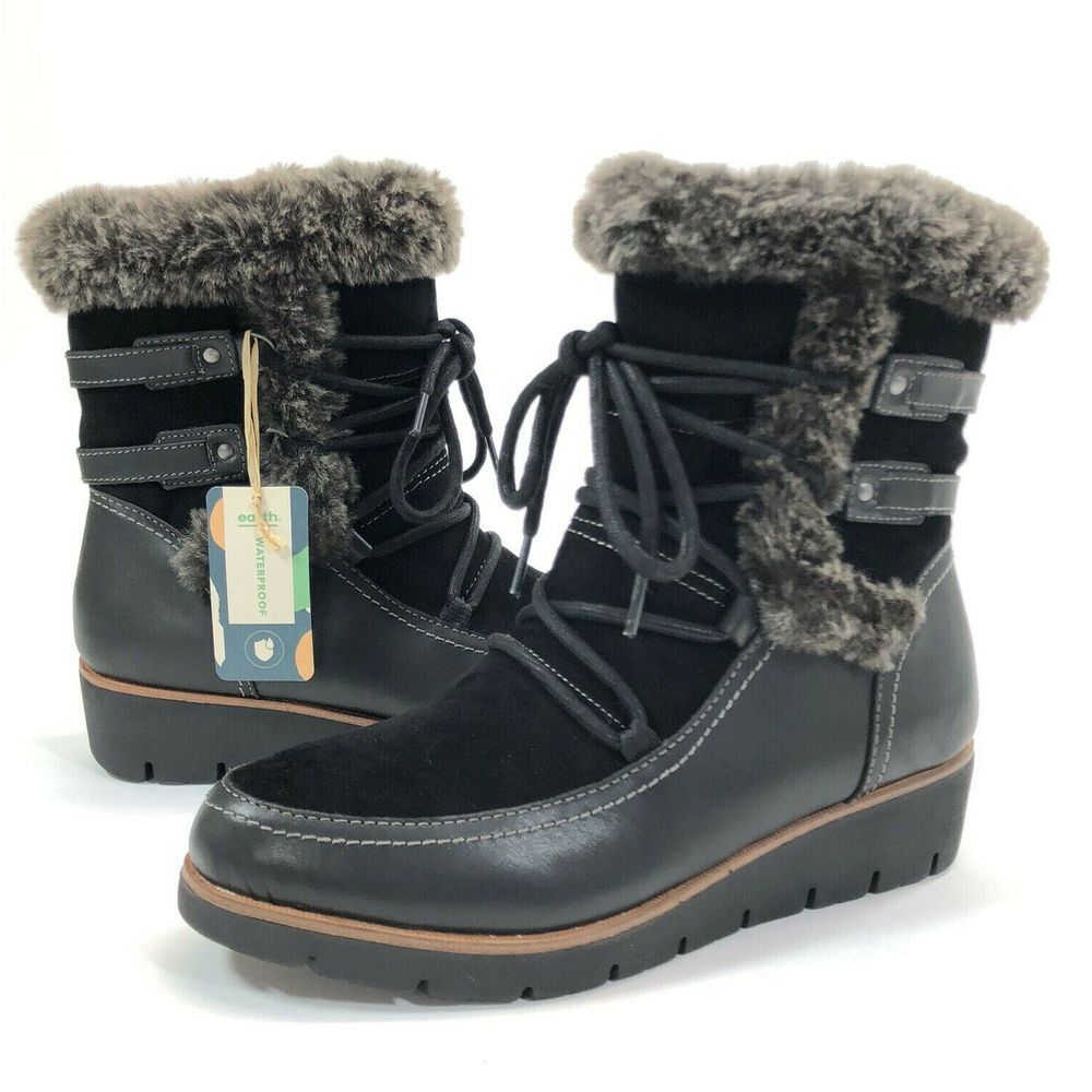 NEW Earth Zurich Basel Womens Size 7.5 Black‎ Wedge Ankle Boots Waterproof
